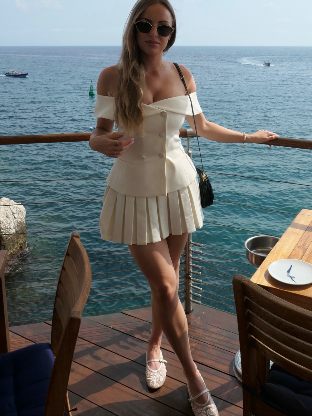 Meshki Cream Off-Shoulder Pleated Mini Skirt Set